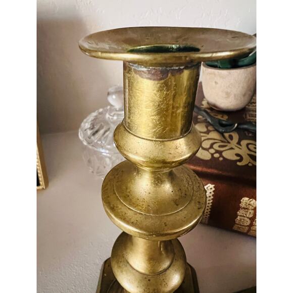 Vintage Brass Candlestick Holders Pair, Hexagon Base, 8” Colonial Revival - Picture 10 of 13